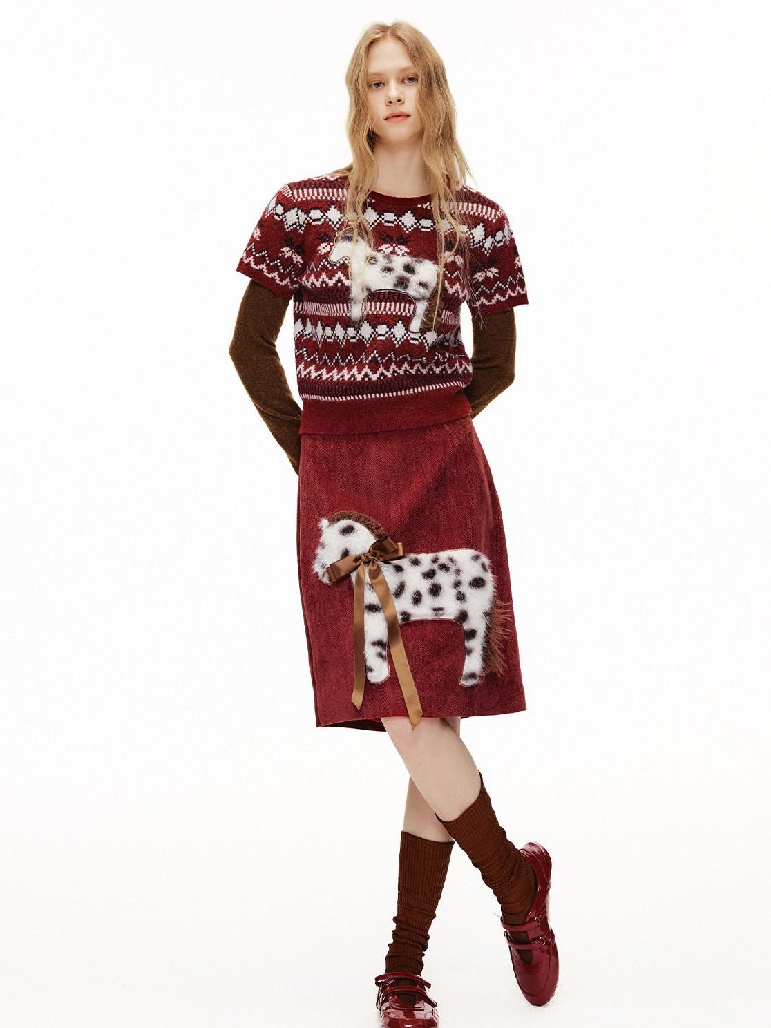 OuttheBlue High Waist A Line Casual Everyday Women Burgundy Polyester Stretch Midi Skirts