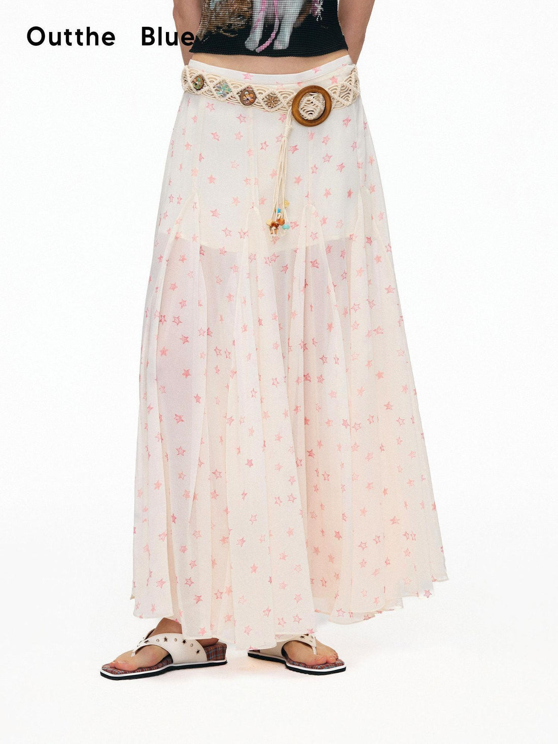 OuttheBlue High Waist A Line Printed Polyester Lined Belted Flowy Women Maxi Skirts