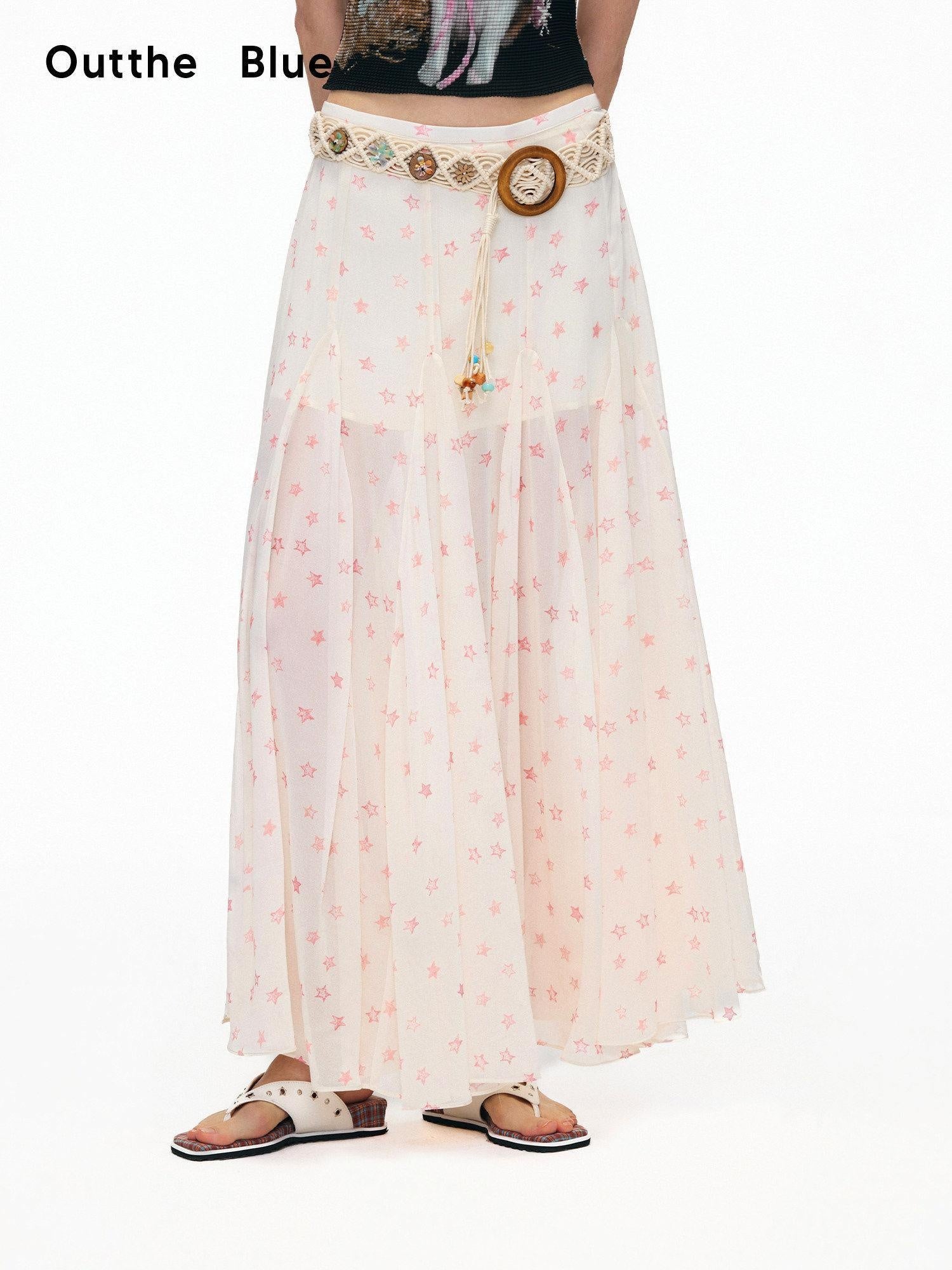 OuttheBlue High Waist A Line Printed Polyester Lined Belted Flowy Women Maxi Skirts