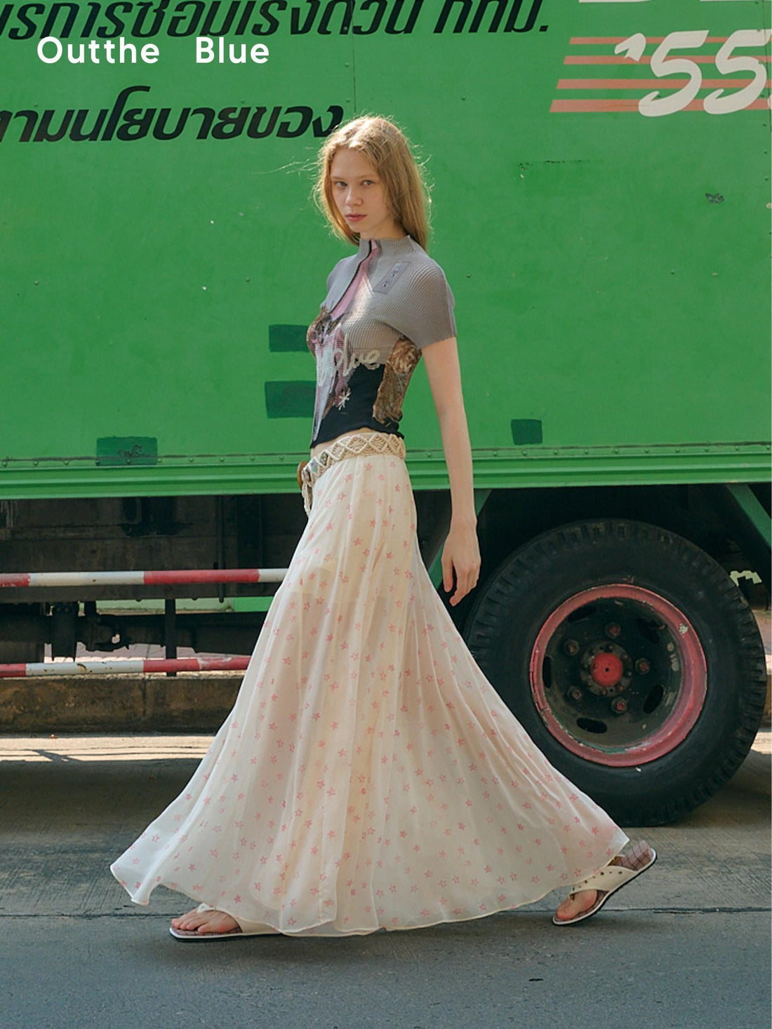 OuttheBlue High Waist A Line Printed Polyester Lined Belted Flowy Women Maxi Skirts