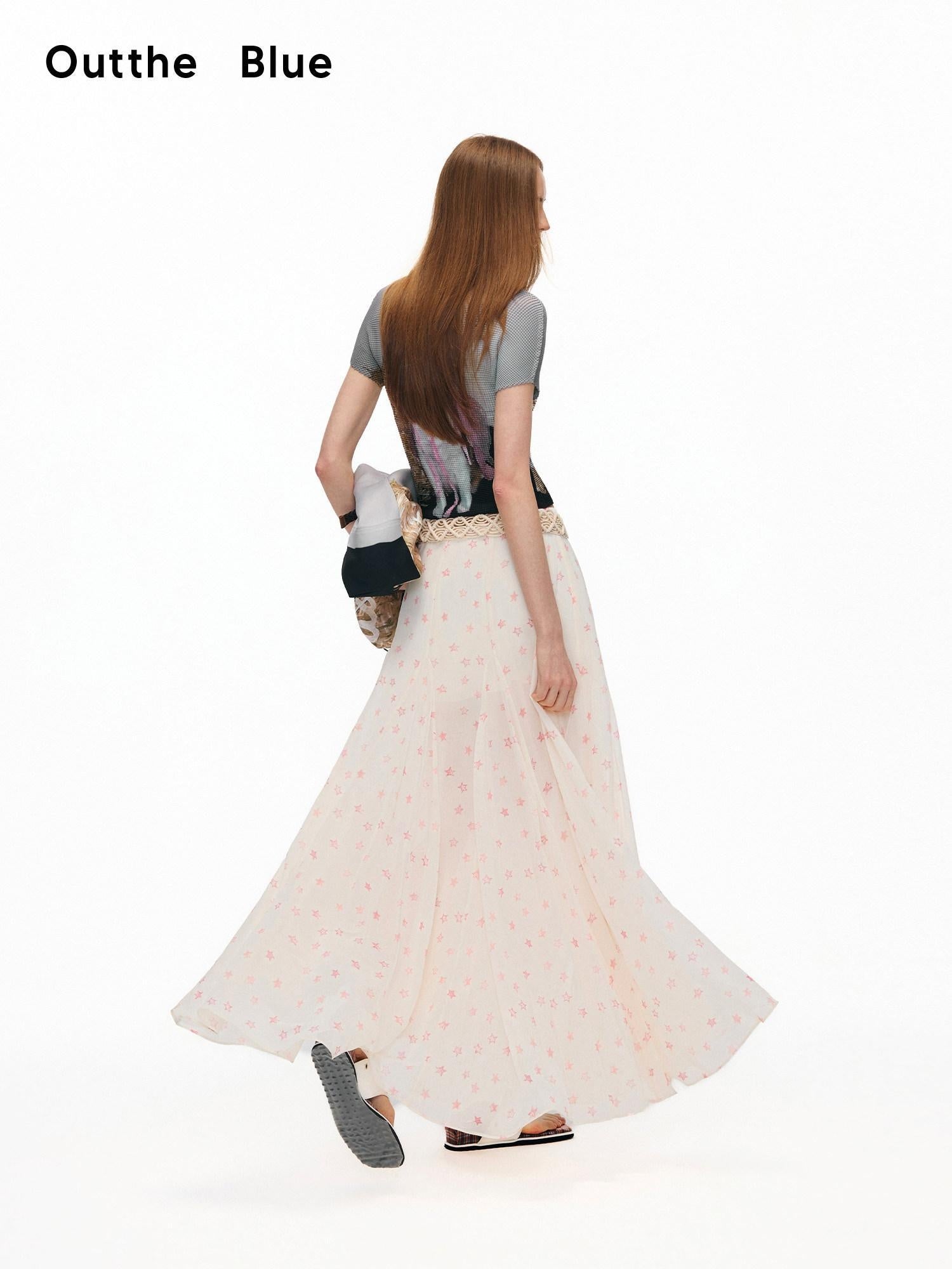 OuttheBlue High Waist A Line Printed Polyester Lined Belted Flowy Women Maxi Skirts