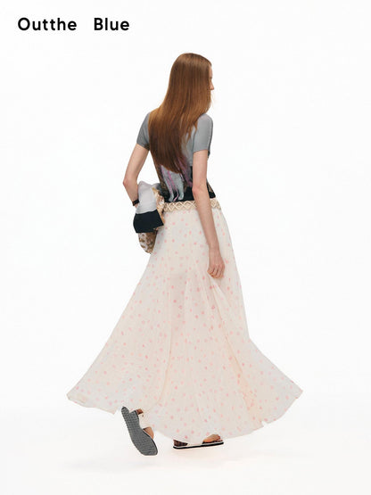 OuttheBlue High Waist A Line Printed Polyester Lined Belted Flowy Women Maxi Skirts