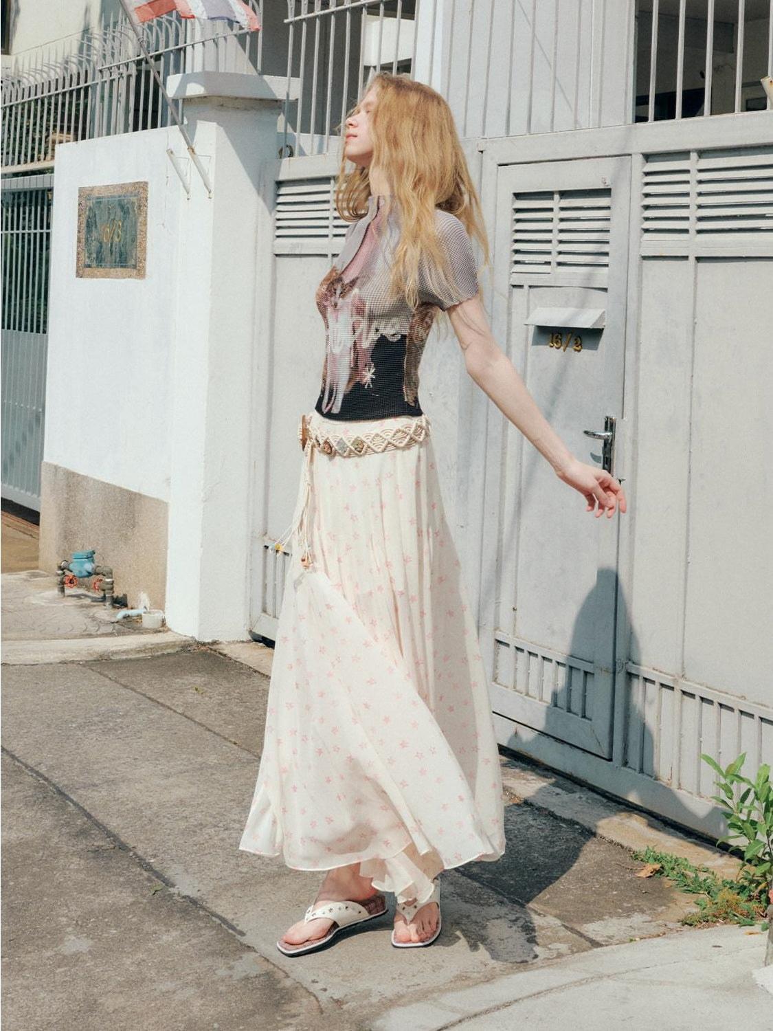OuttheBlue High Waist A Line Printed Polyester Lined Belted Flowy Women Maxi Skirts