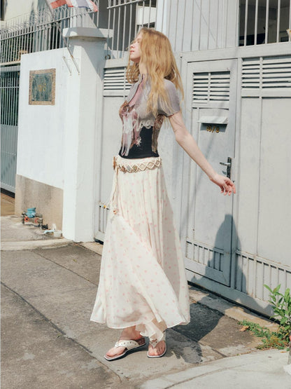OuttheBlue High Waist A Line Printed Polyester Lined Belted Flowy Women Maxi Skirts