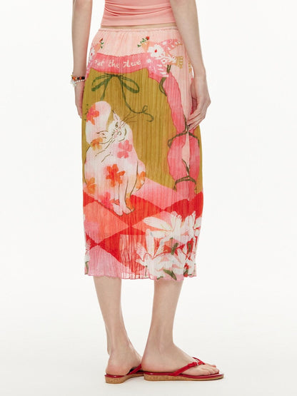 OuttheBlue High Waist Pleated Printed Loose Fit Women Cat Secret Garden Midi Skirts