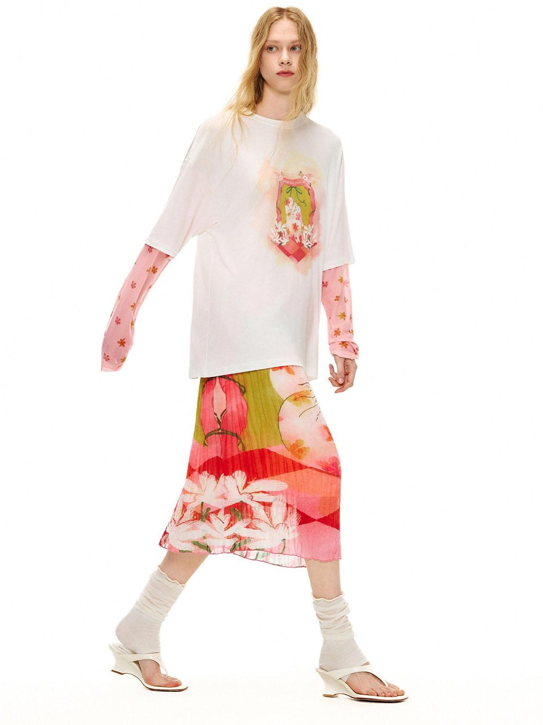 OuttheBlue High Waist Pleated Printed Loose Fit Women Cat Secret Garden Midi Skirts