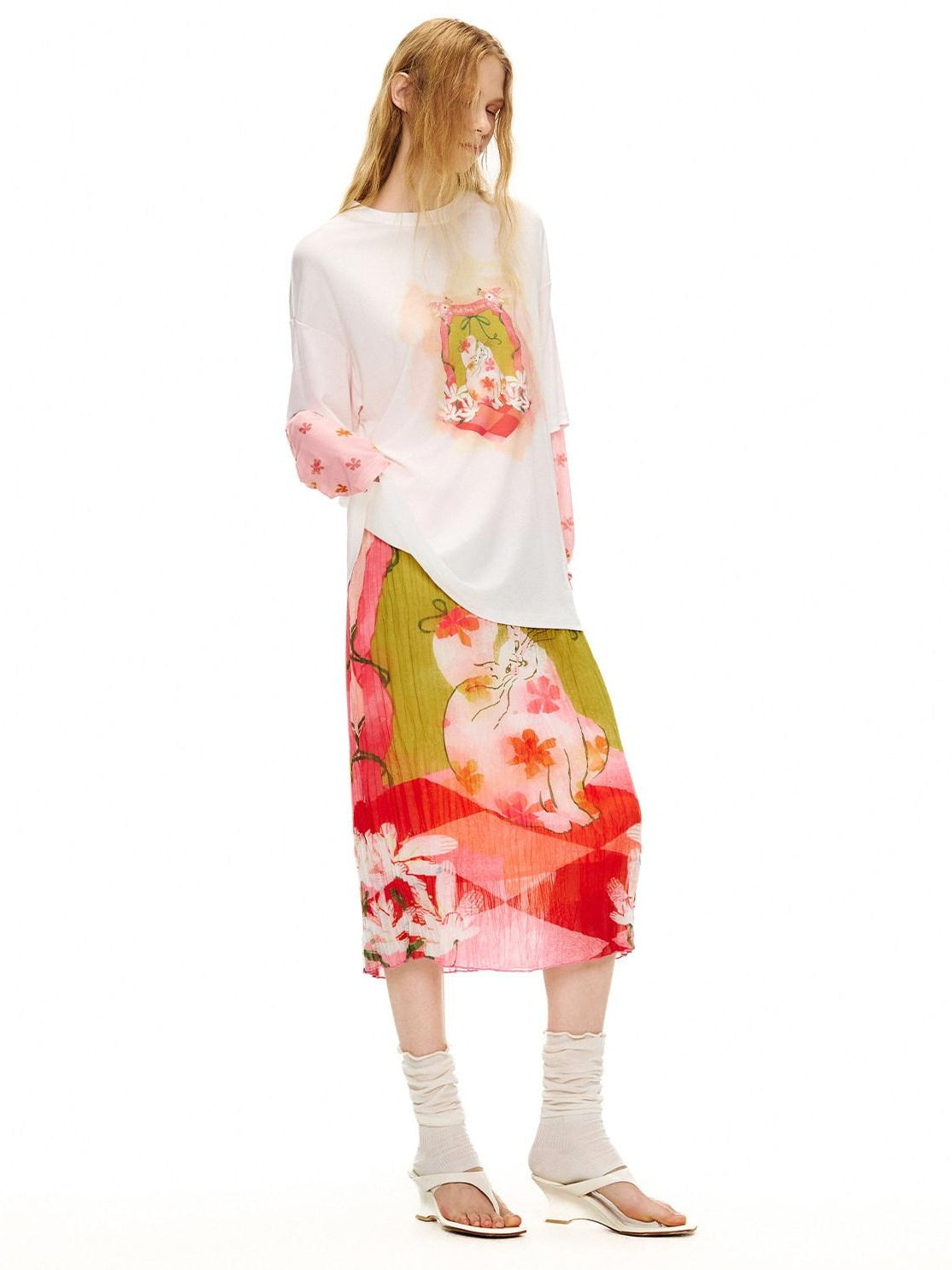 OuttheBlue High Waist Pleated Printed Loose Fit Women Cat Secret Garden Midi Skirts