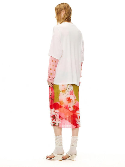 OuttheBlue High Waist Pleated Printed Loose Fit Women Cat Secret Garden Midi Skirts