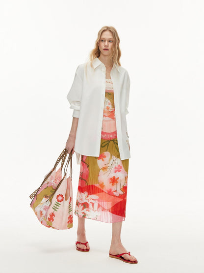 OuttheBlue High Waist Pleated Printed Loose Fit Women Cat Secret Garden Midi Skirts