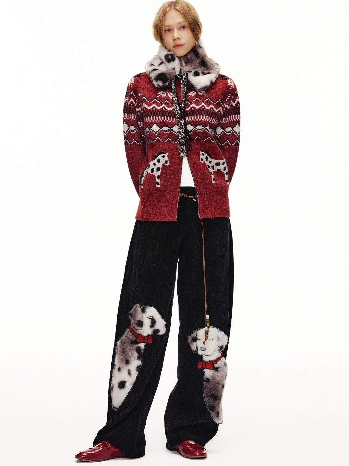 OuttheBlue High Waist Wide Leg Animal Print Patch Zip Fly Women Warm Polyester Pants