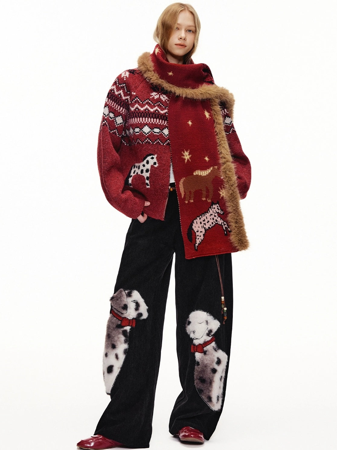 OuttheBlue High Waist Wide Leg Animal Print Patch Zip Fly Women Warm Polyester Pants