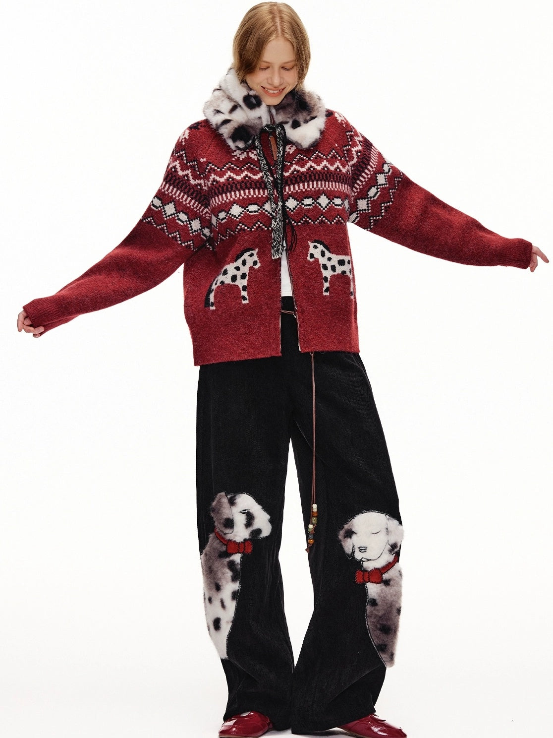 OuttheBlue High Waist Wide Leg Animal Print Patch Zip Fly Women Warm Polyester Pants