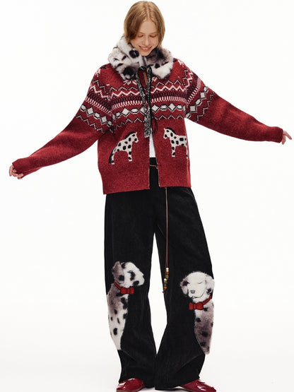 OuttheBlue High Waist Wide Leg Animal Print Patch Zip Fly Women Warm Polyester Pants