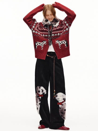 OuttheBlue High Waist Wide Leg Animal Print Patch Zip Fly Women Warm Polyester Pants