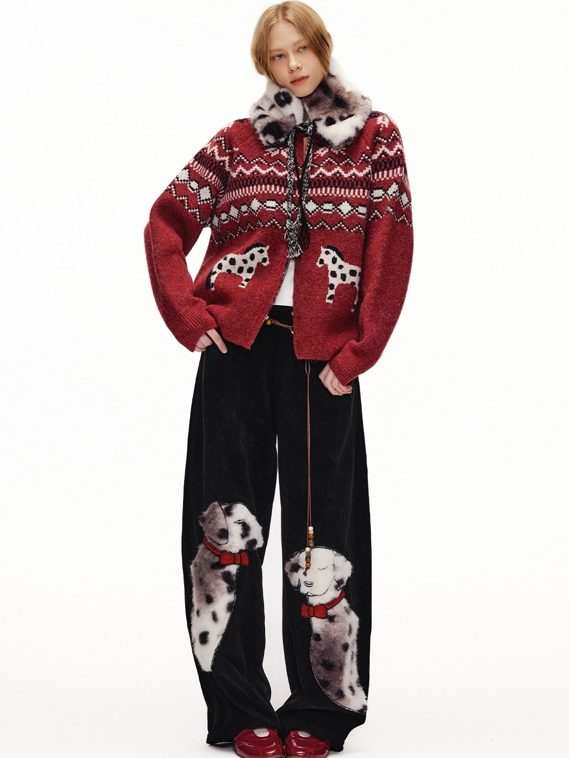 OuttheBlue High Waist Wide Leg Animal Print Patch Zip Fly Women Warm Polyester Pants