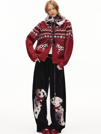 OuttheBlue High Waist Wide Leg Animal Print Patch Zip Fly Women Warm Polyester Pants