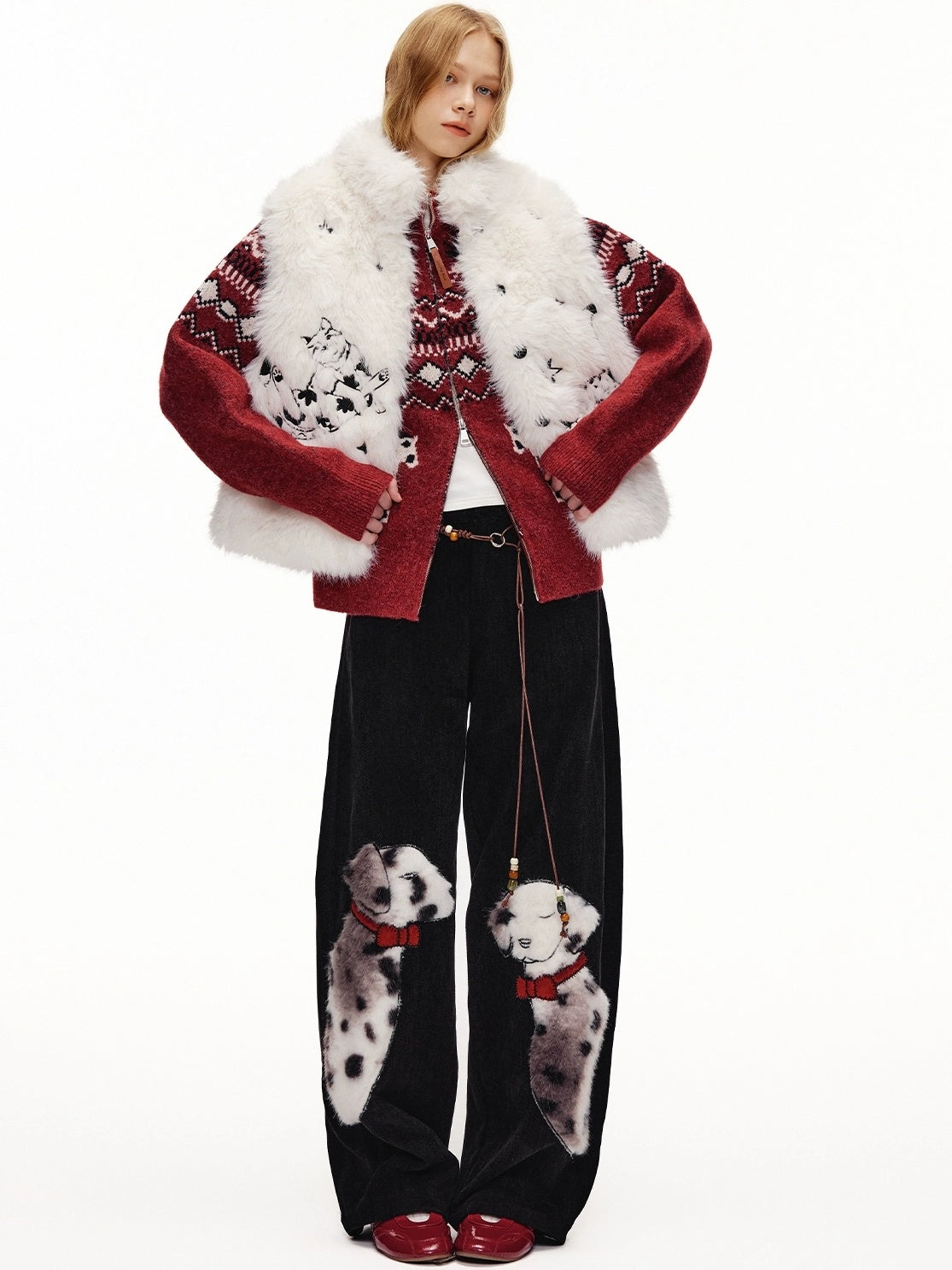 OuttheBlue High Waist Wide Leg Animal Print Patch Zip Fly Women Warm Polyester Pants