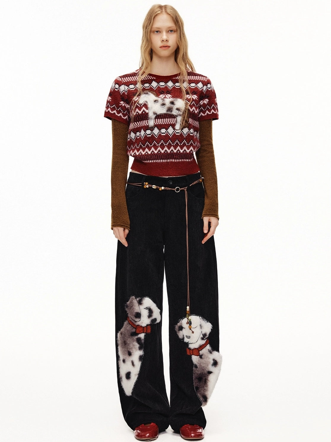 OuttheBlue High Waist Wide Leg Animal Print Patch Zip Fly Women Warm Polyester Pants
