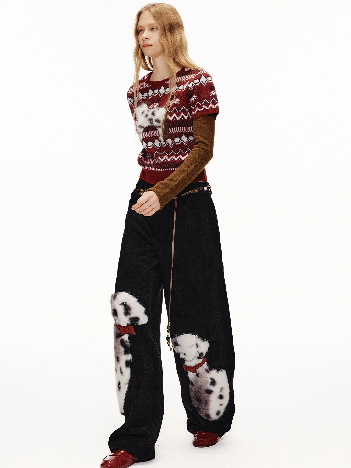 OuttheBlue High Waist Wide Leg Animal Print Patch Zip Fly Women Warm Polyester Pants