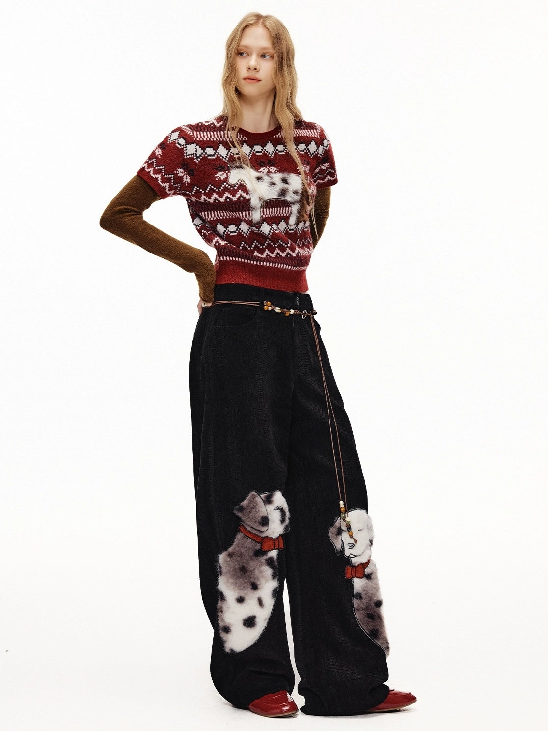 OuttheBlue High Waist Wide Leg Animal Print Patch Zip Fly Women Warm Polyester Pants