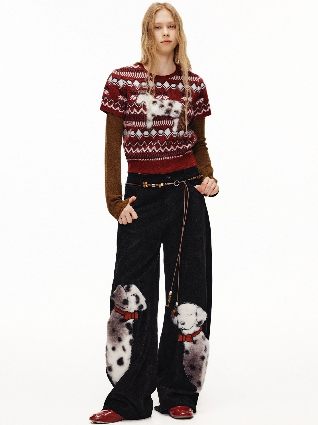 OuttheBlue High Waist Wide Leg Animal Print Patch Zip Fly Women Warm Polyester Pants