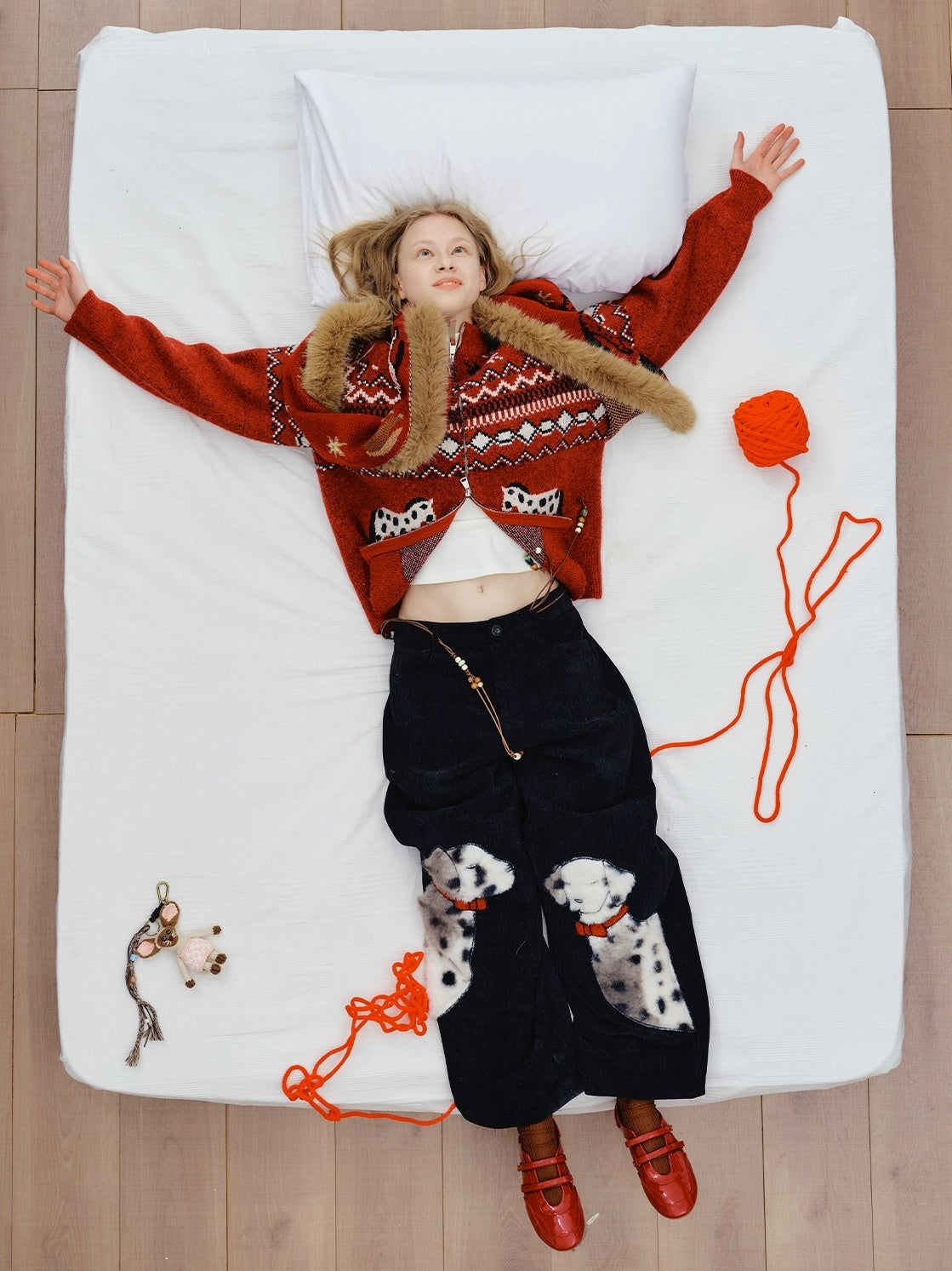 OuttheBlue High Waist Wide Leg Animal Print Patch Zip Fly Women Warm Polyester Pants