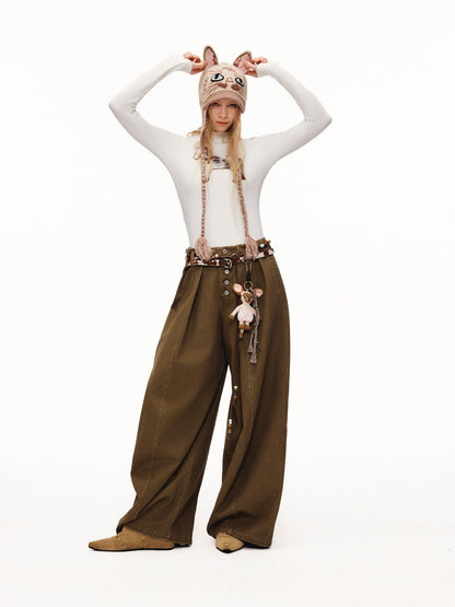 OuttheBlue High Waist Wide Leg Cotton Washed Casual Solid Khaki Coffee Women Pants