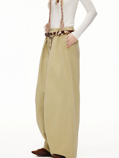 OuttheBlue High Waist Wide Leg Cotton Washed Casual Solid Khaki Coffee Women Pants