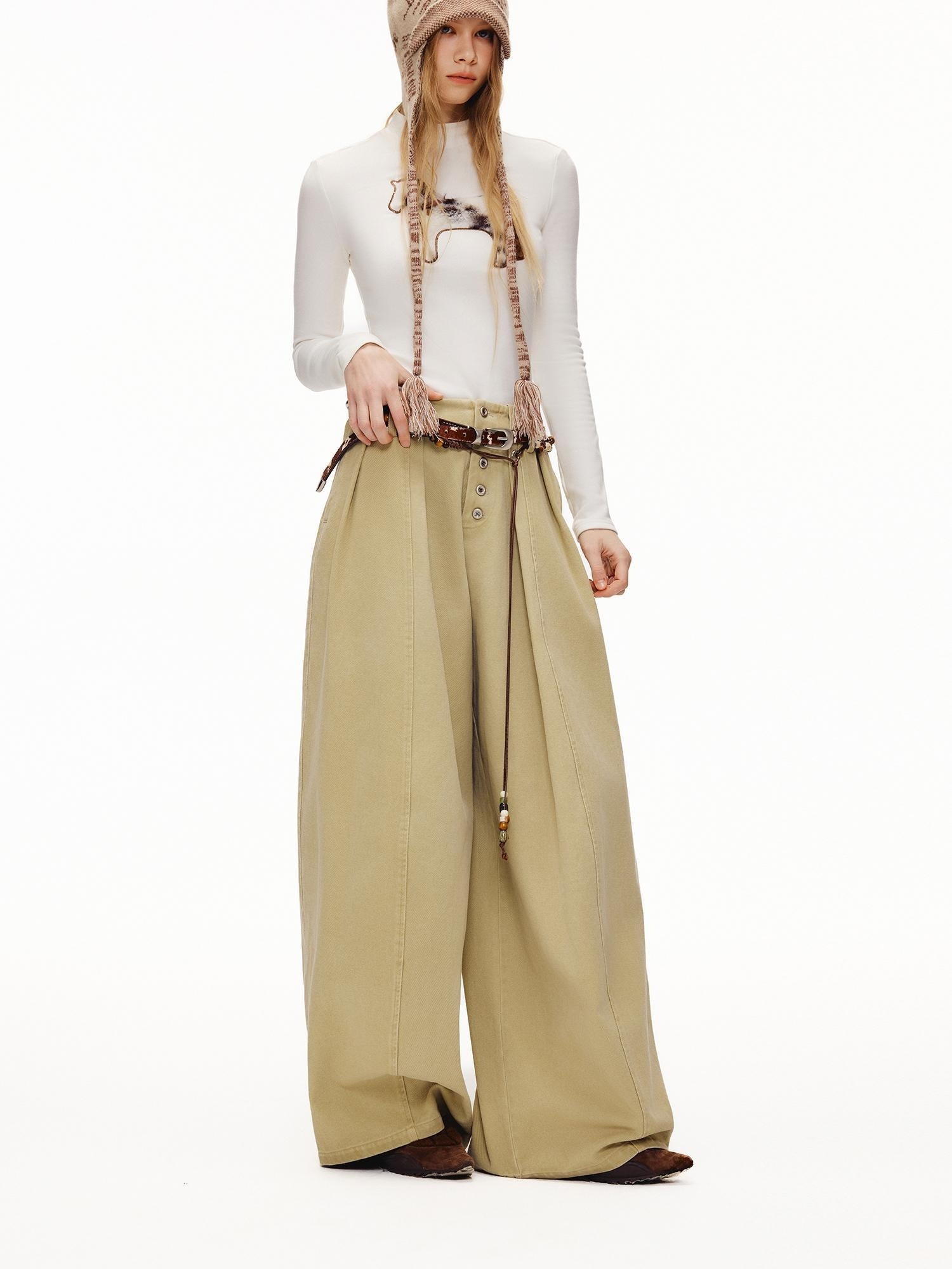 OuttheBlue High Waist Wide Leg Cotton Washed Casual Solid Khaki Coffee Women Pants
