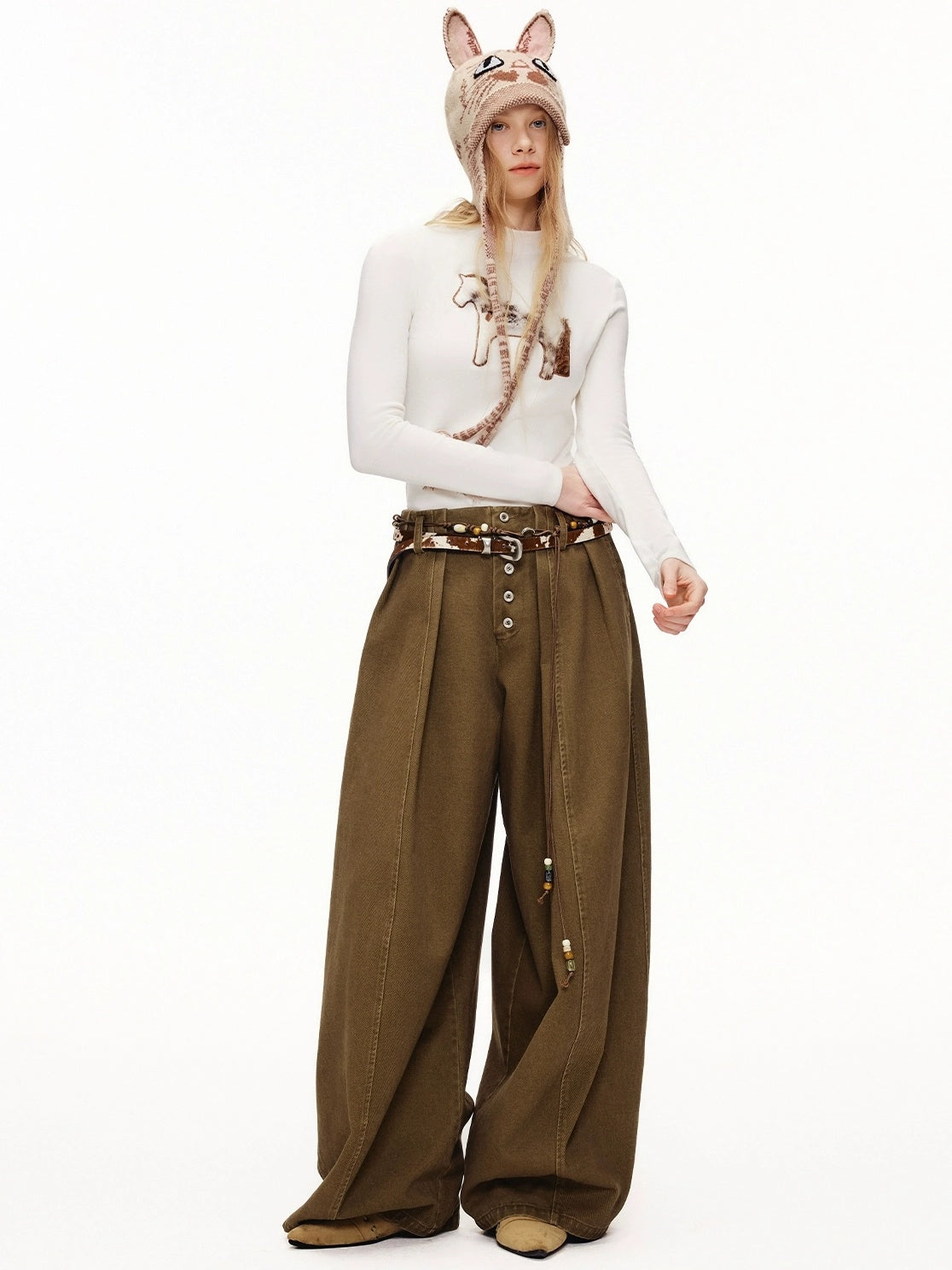 OuttheBlue High Waist Wide Leg Cotton Washed Casual Solid Khaki Coffee Women Pants