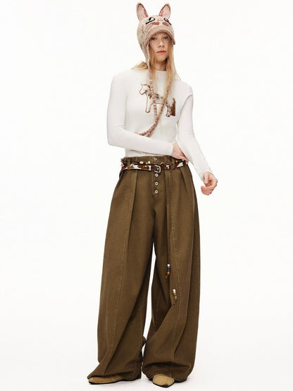 OuttheBlue High Waist Wide Leg Cotton Washed Casual Solid Khaki Coffee Women Pants