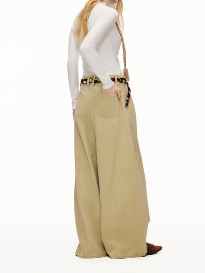 OuttheBlue High Waist Wide Leg Cotton Washed Casual Solid Khaki Coffee Women Pants