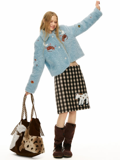 OuttheBlue High Waist Wool Blend Plaid A Line Patch Detail Casual Women Daily Midi Skirt