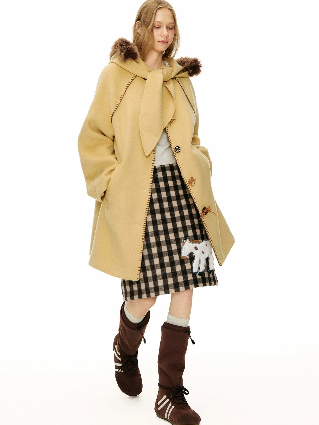 OuttheBlue High Waist Wool Blend Plaid A Line Patch Detail Casual Women Daily Midi Skirt