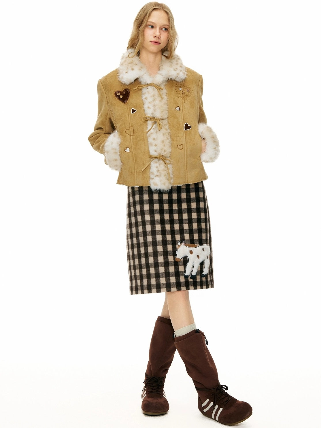 OuttheBlue High Waist Wool Blend Plaid A Line Patch Detail Casual Women Daily Midi Skirt