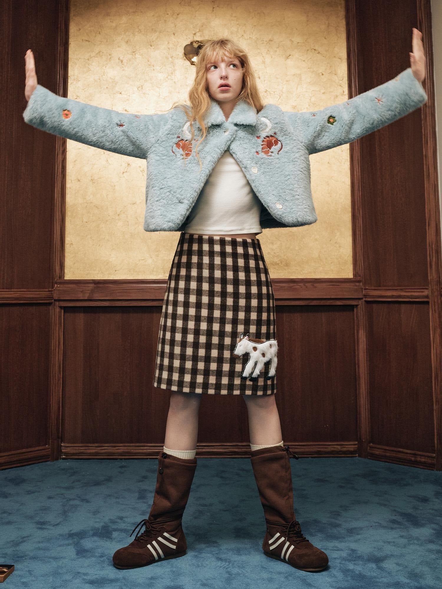 OuttheBlue High Waist Wool Blend Plaid A Line Patch Detail Casual Women Daily Midi Skirt