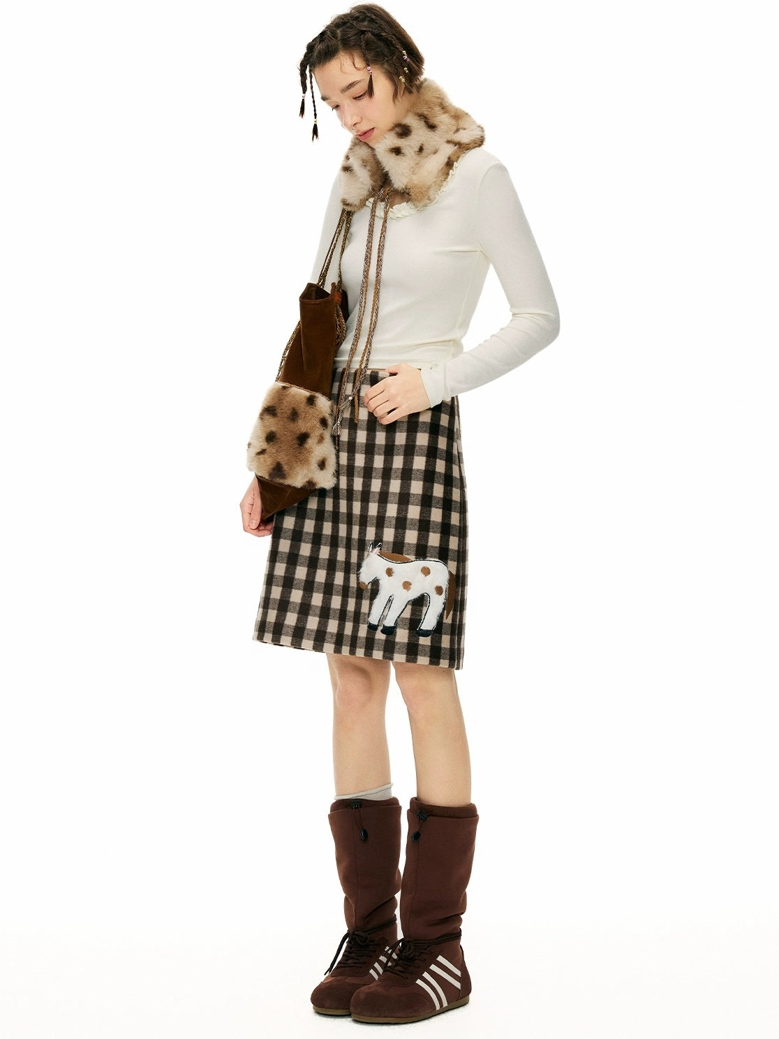 OuttheBlue High Waist Wool Blend Plaid A Line Patch Detail Casual Women Daily Midi Skirt