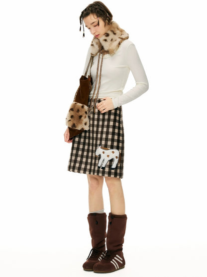 OuttheBlue High Waist Wool Blend Plaid A Line Patch Detail Casual Women Daily Midi Skirt