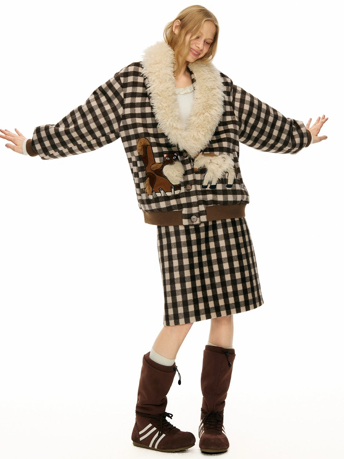 OuttheBlue High Waist Wool Blend Plaid A Line Patch Detail Casual Women Daily Midi Skirt