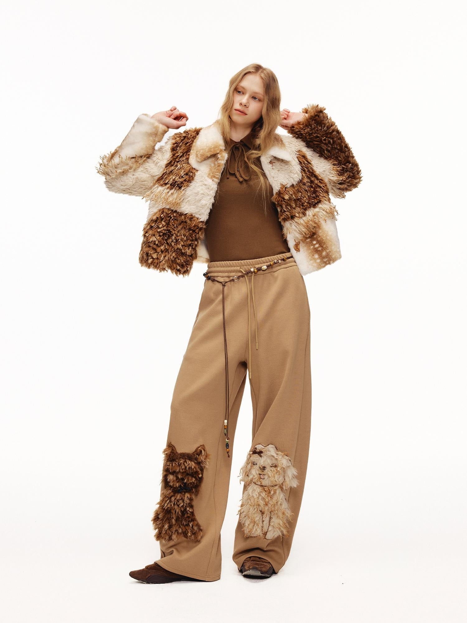 OuttheBlue High Waisted Embroidered Asymmetrical Patchwork Straight Women Camel Pants