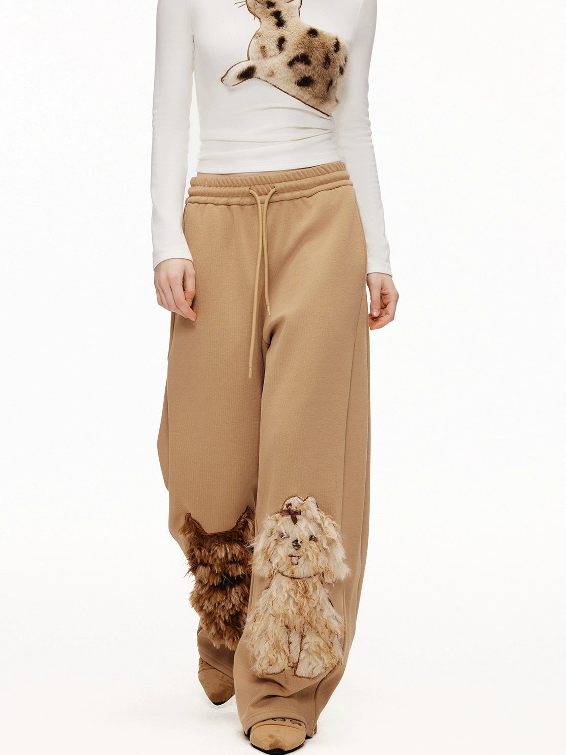 OuttheBlue High Waisted Embroidered Asymmetrical Patchwork Straight Women Camel Pants