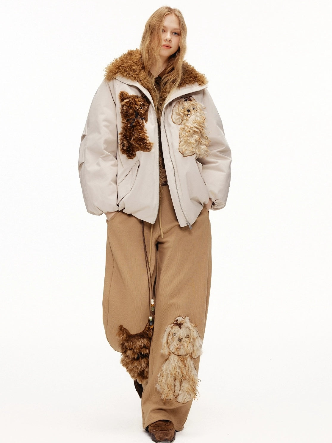 OuttheBlue High Waisted Embroidered Asymmetrical Patchwork Straight Women Camel Pants