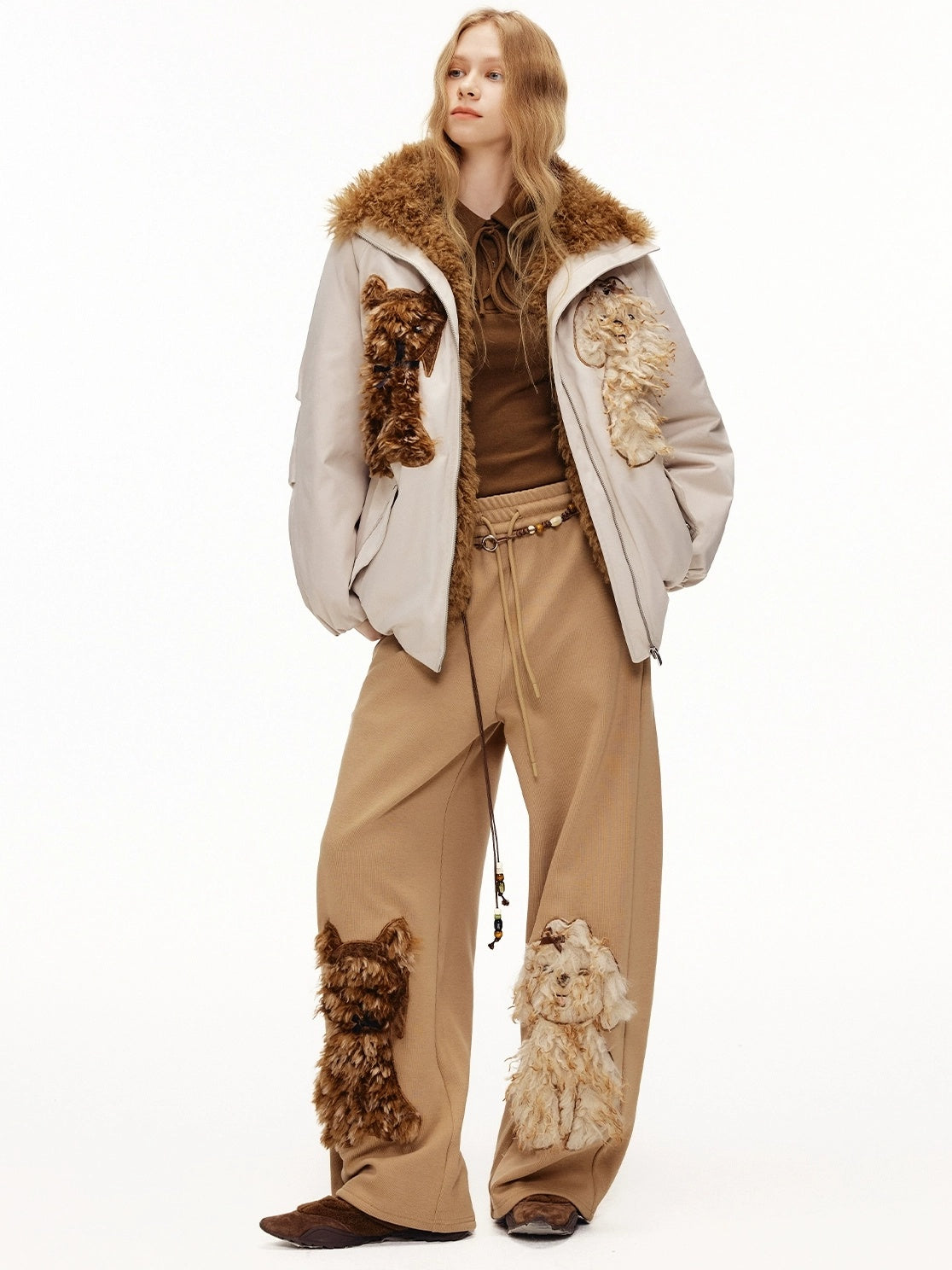 OuttheBlue High Waisted Embroidered Asymmetrical Patchwork Straight Women Camel Pants