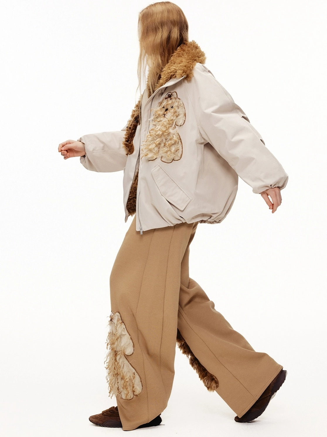 OuttheBlue High Waisted Embroidered Asymmetrical Patchwork Straight Women Camel Pants