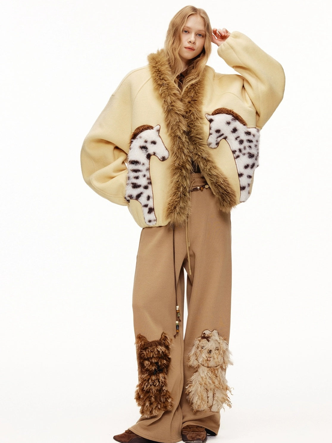 OuttheBlue High Waisted Embroidered Asymmetrical Patchwork Straight Women Camel Pants