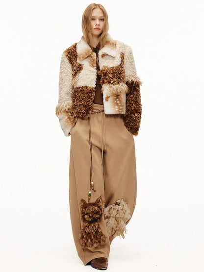 OuttheBlue High Waisted Embroidered Asymmetrical Patchwork Straight Women Camel Pants