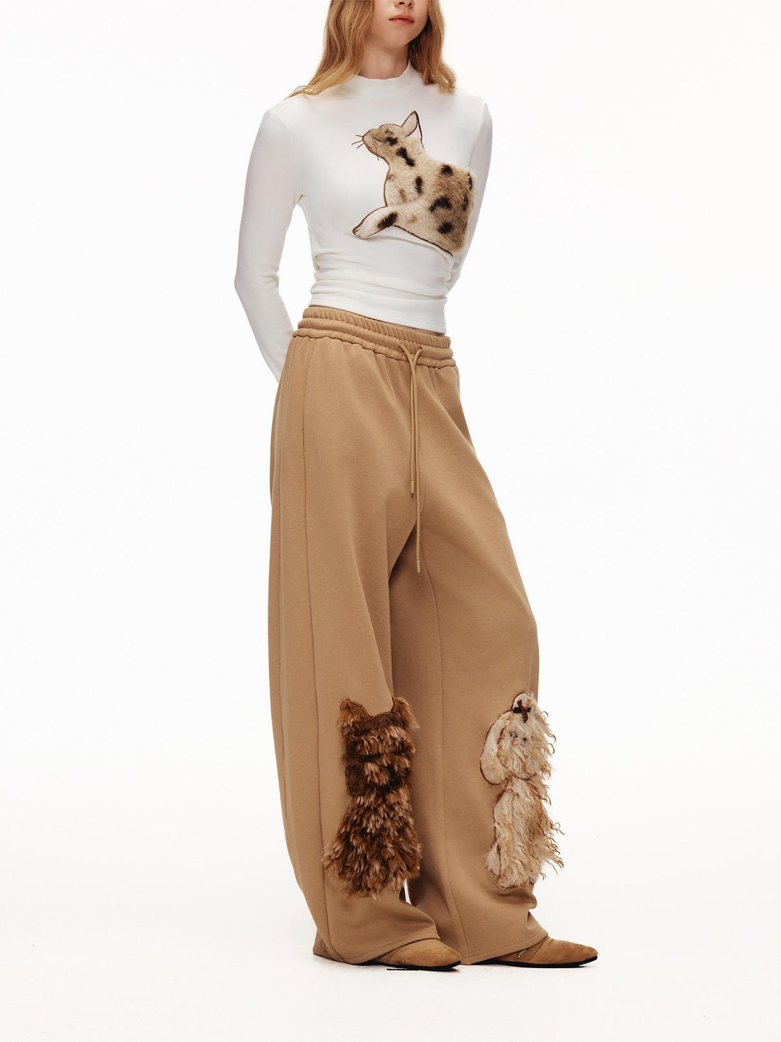 OuttheBlue High Waisted Embroidered Asymmetrical Patchwork Straight Women Camel Pants