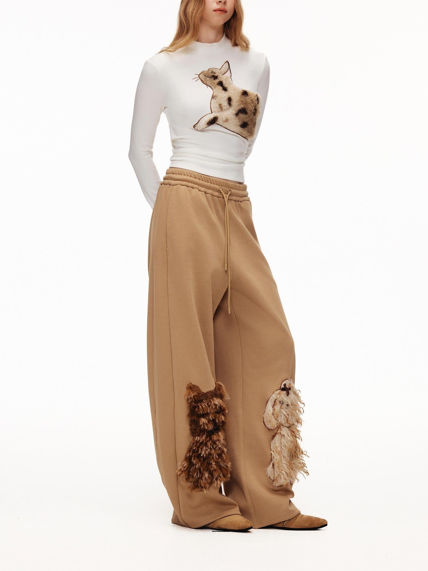 OuttheBlue High Waisted Embroidered Asymmetrical Patchwork Straight Women Camel Pants