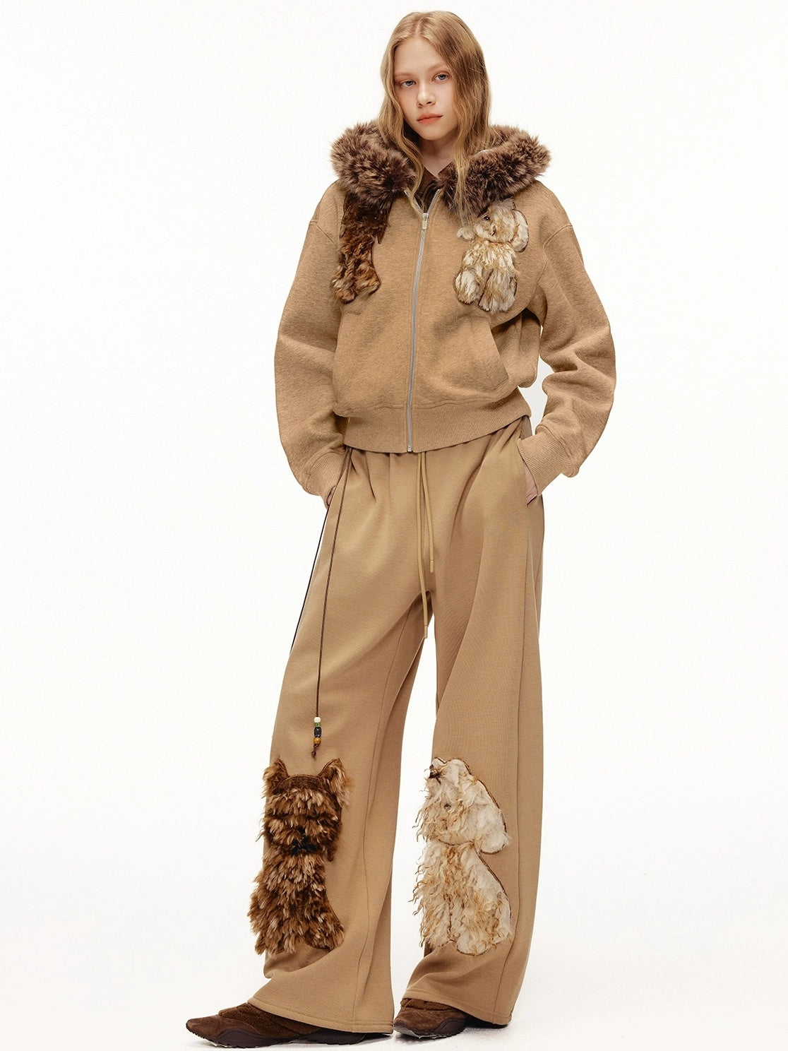 OuttheBlue High Waisted Embroidered Asymmetrical Patchwork Straight Women Camel Pants