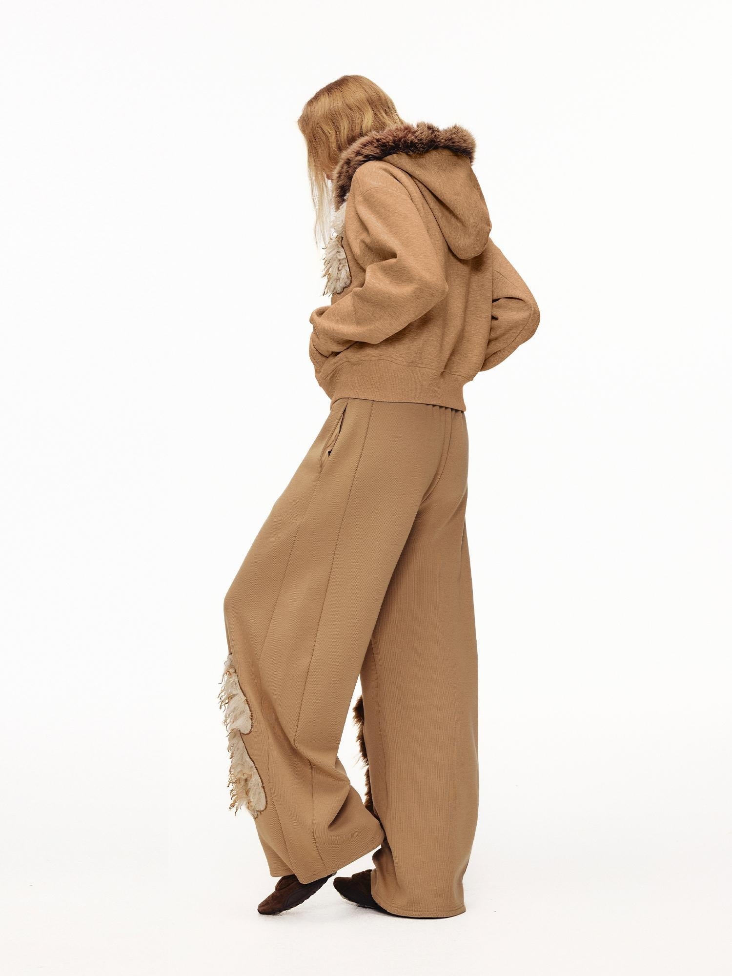 OuttheBlue High Waisted Embroidered Asymmetrical Patchwork Straight Women Camel Pants